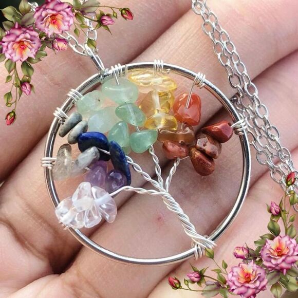 Crushed Stone Silver Color Tree Of Life Necklace - Picture 1 of 10